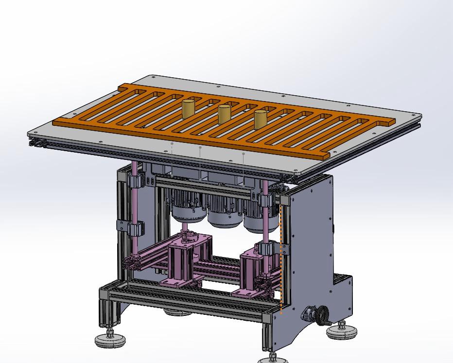 Beşik Zımpara Makinesi Görsel 1 - SolidWorks 3D tasarımı – zımpara kafaları, masa düzlemi ve motor bloğu görünüm